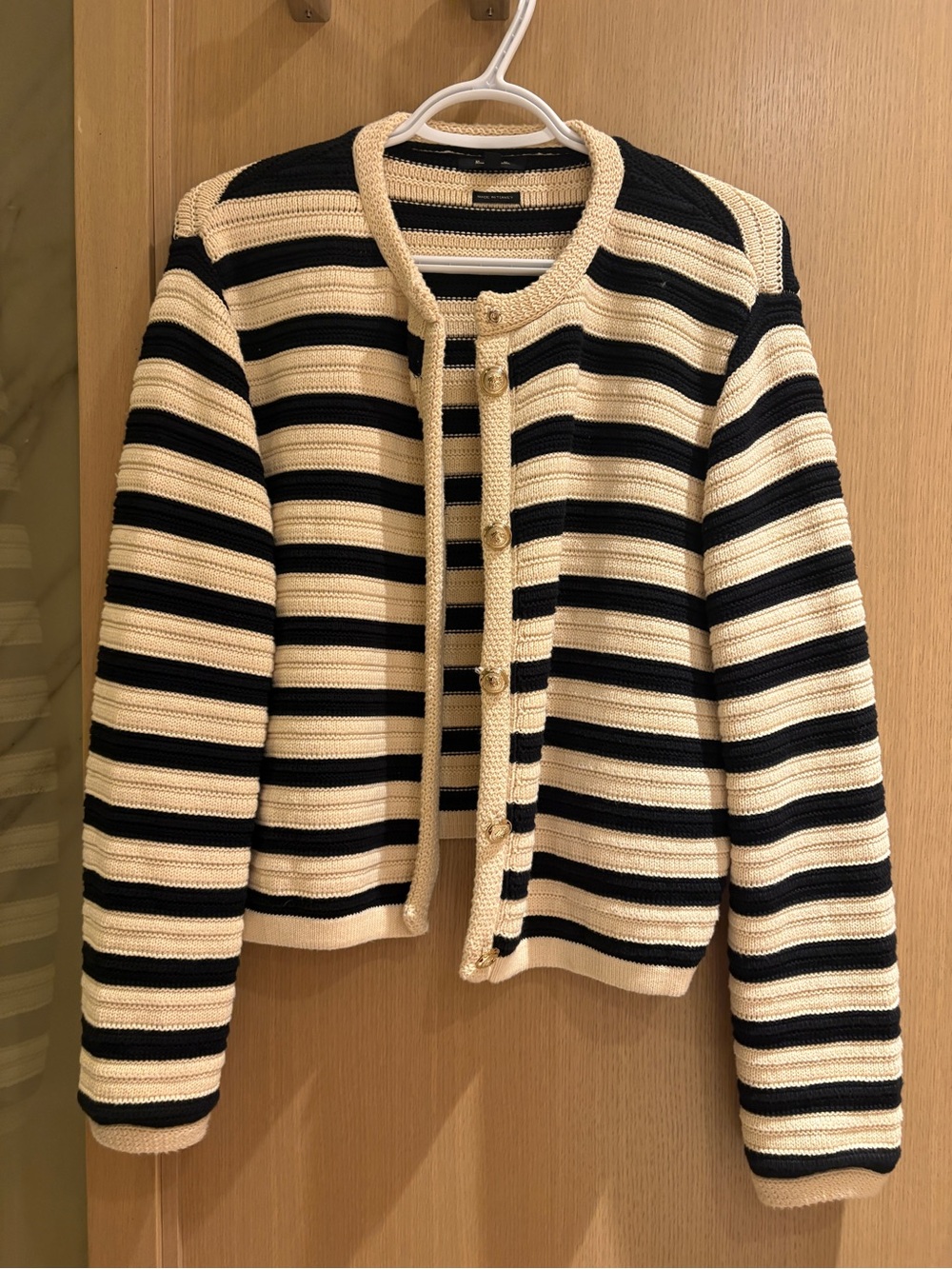 Massimo Dutti Striped sweater with gold button detail  in Cream and Black